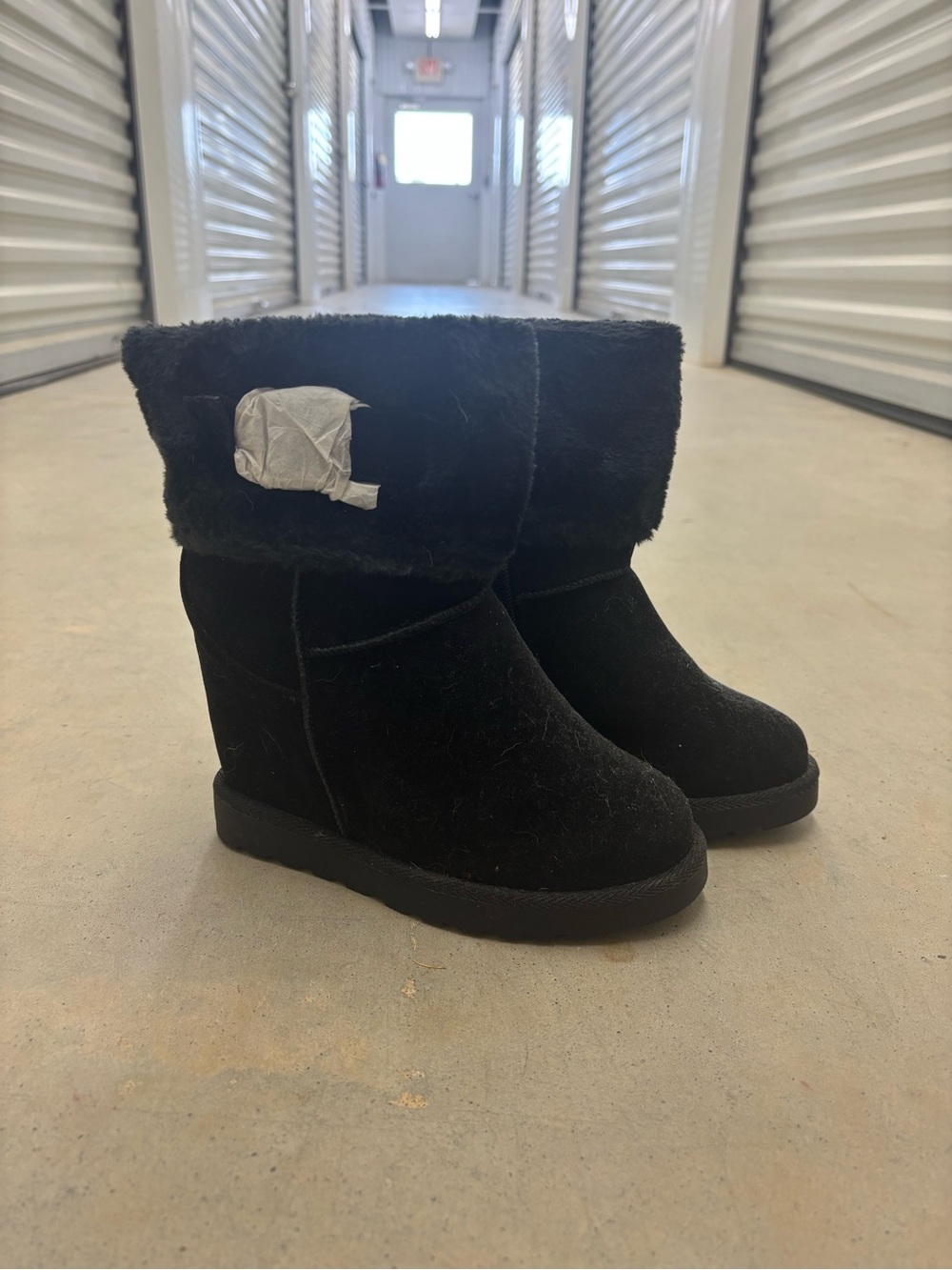 Black Faux Fur Fold-Over Wedge Booties - Women